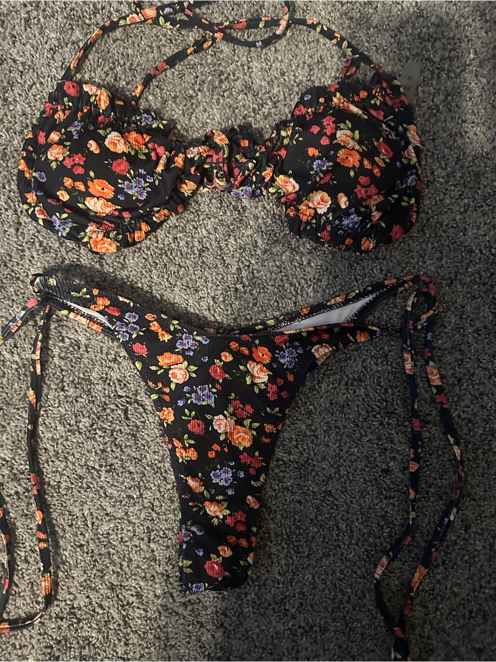 Black Floral Tie-Side Bikini Set Small